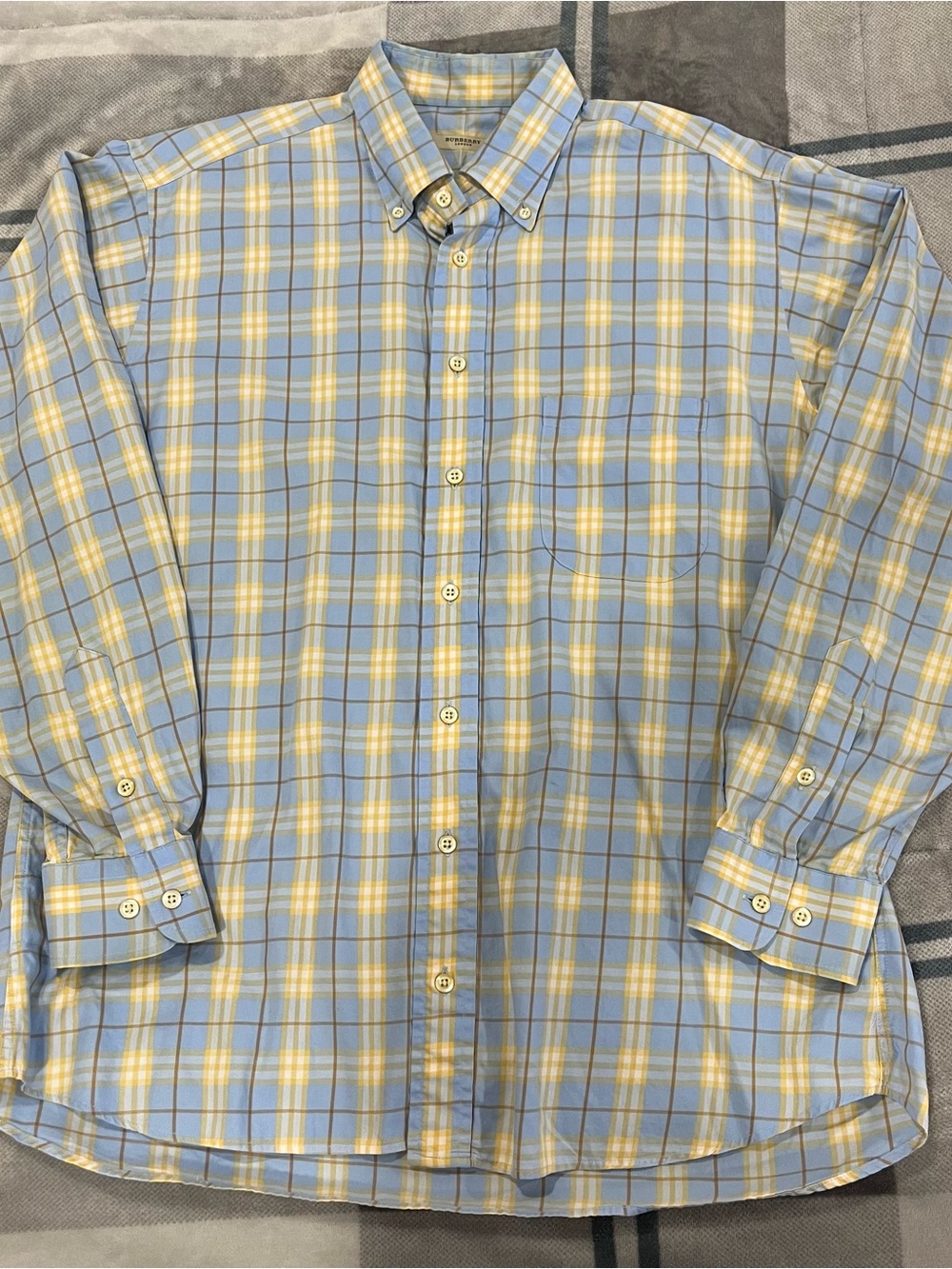 Burberry London Mens Large Plaid Button Down Shirt Made USA Blue Yellow